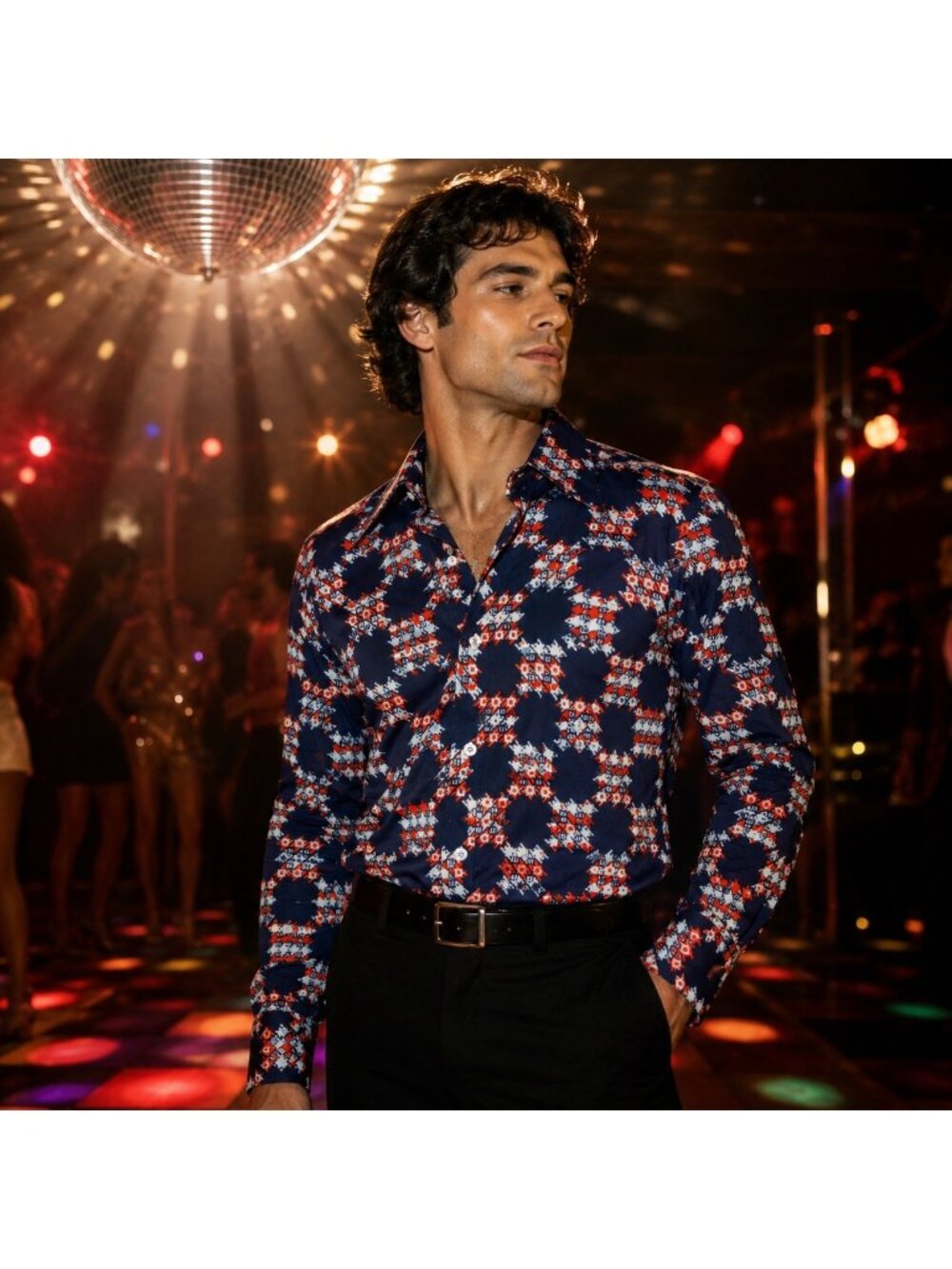 Vintage 70s Gino Paoli Mens Disco Shirt Bold Abstract Print Size M EUC